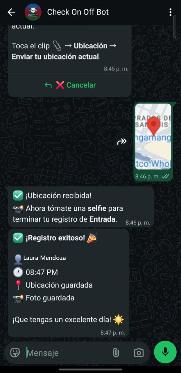 Conversación real del bot de WhatsApp de CheckONOFF